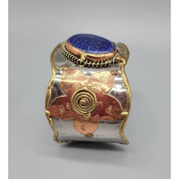 Mixed Metal Copper Flower Blue Lapiz Lazuli Cuff Bracelet B1A - Picture 6 of 9